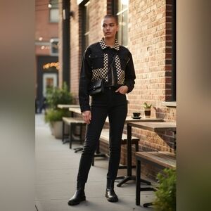 Beach Riot Desert Trucker Black Tan Checkered Jacket Small